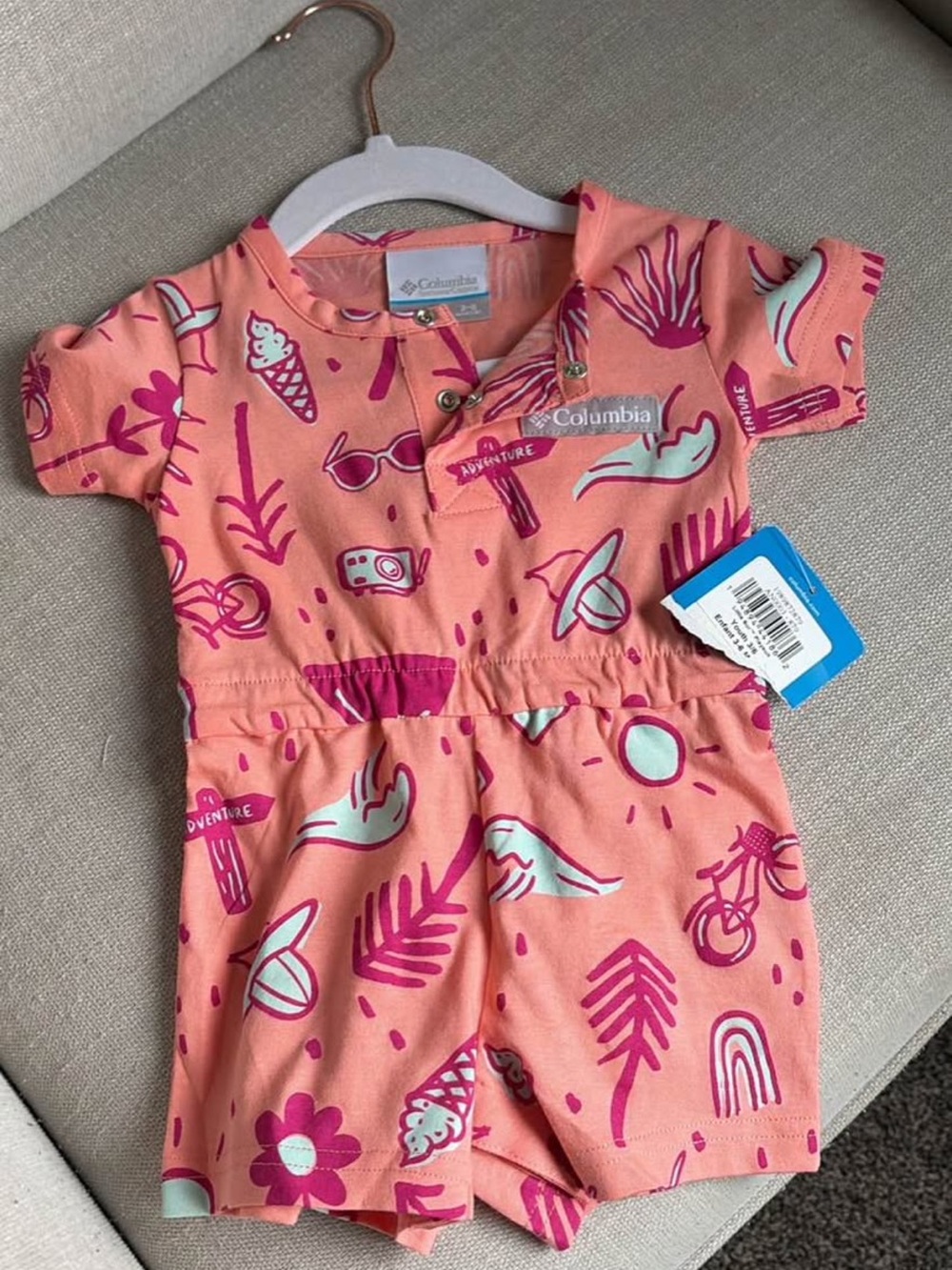 Baby Columbia Peach Playsuit with Bright Pink Graphics